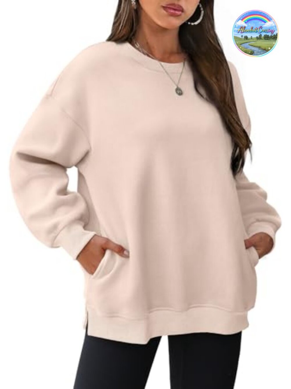Oversized Crewneck Fleece Sweatshirt Side Slits Hidden Pockets Womens